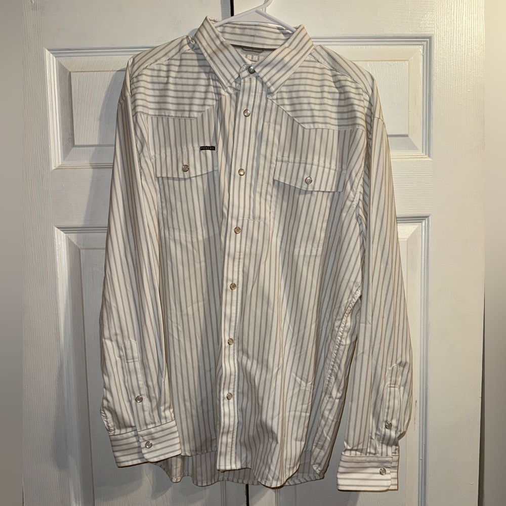 Men's Striped Button-Down Dress Shirt - White with Light Gray Stripes